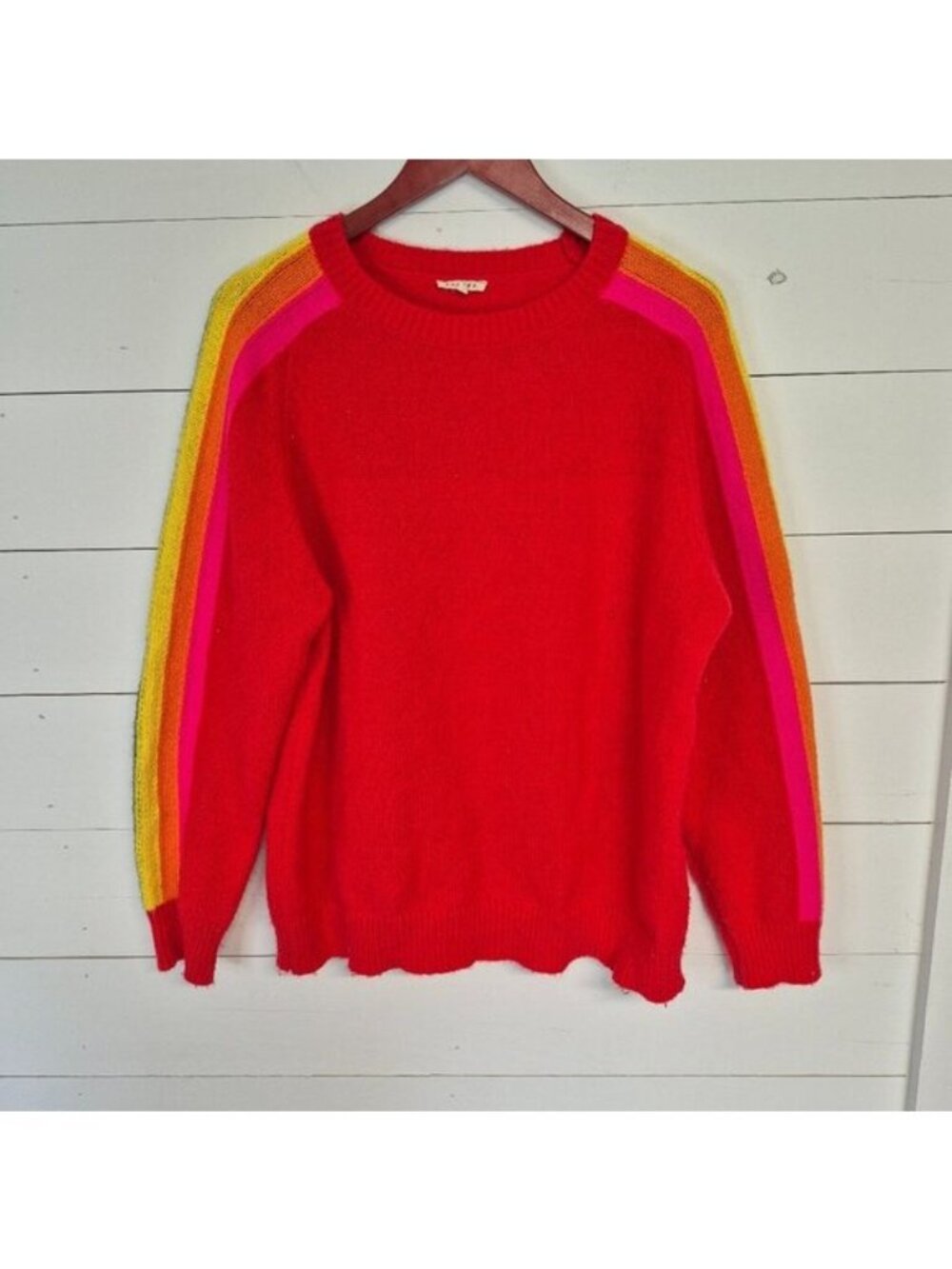 Jodifl Women's Red Knit Sweater With Rainbow Striped Sleeves‎ Medium